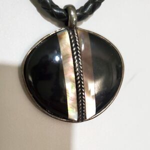 A Monet Necklace Abalone Onyx Beachy Boho Pendant and Leather Cord Vintage HTF